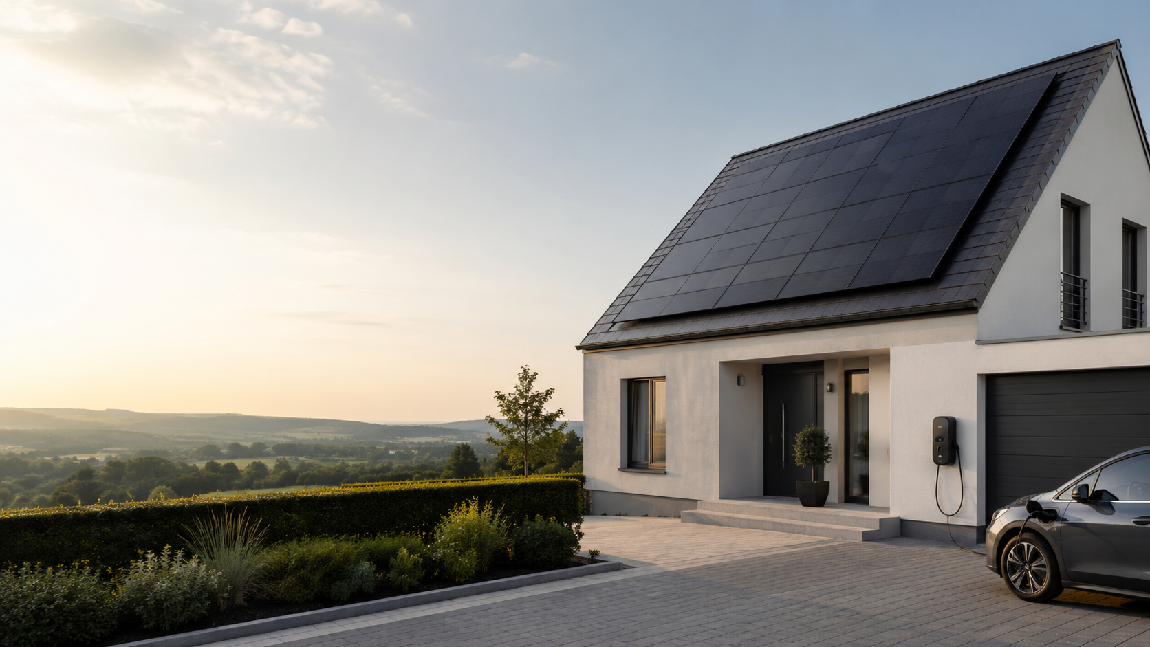 Modernes Wohngebäude mit Photovoltaik und integrierter Energietechnik